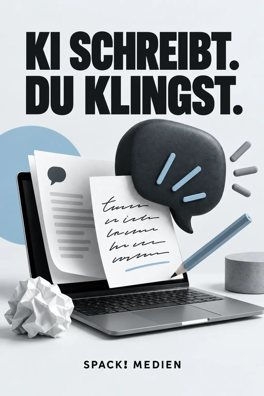 Sprechblase, Textkarten und hellblauer Stift als Motiv für KI-Texte mit eigener Markenstimme