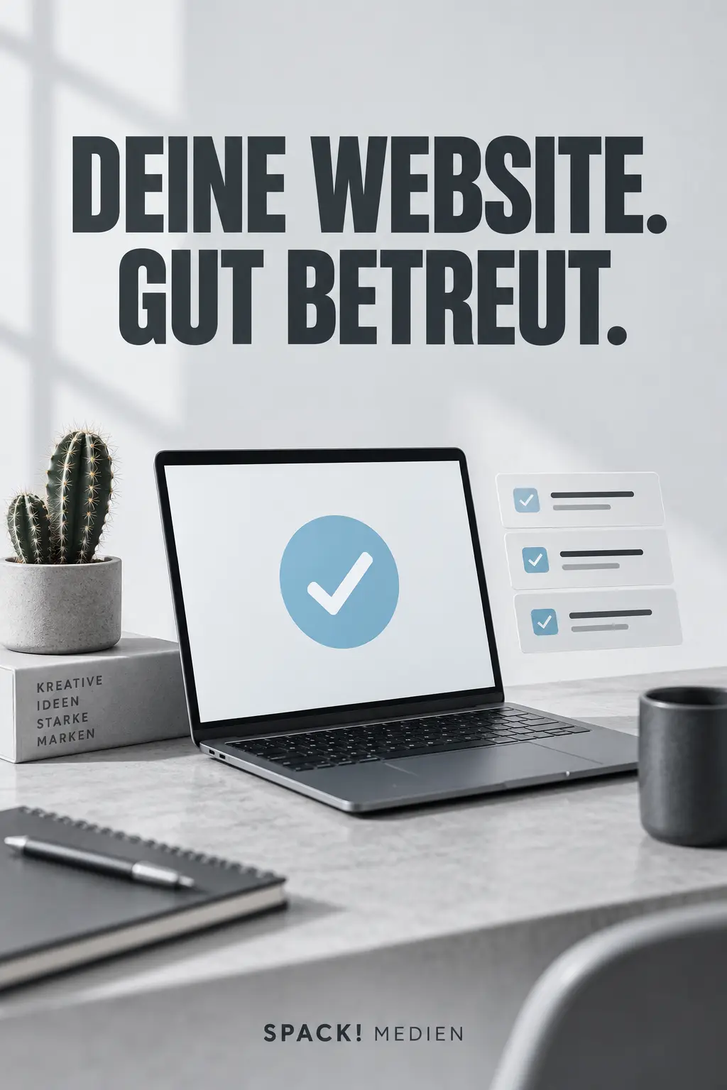 Laptop mit Wartungssymbol und geordnete Checklisten auf grauer Fläche mit dezentem Blau