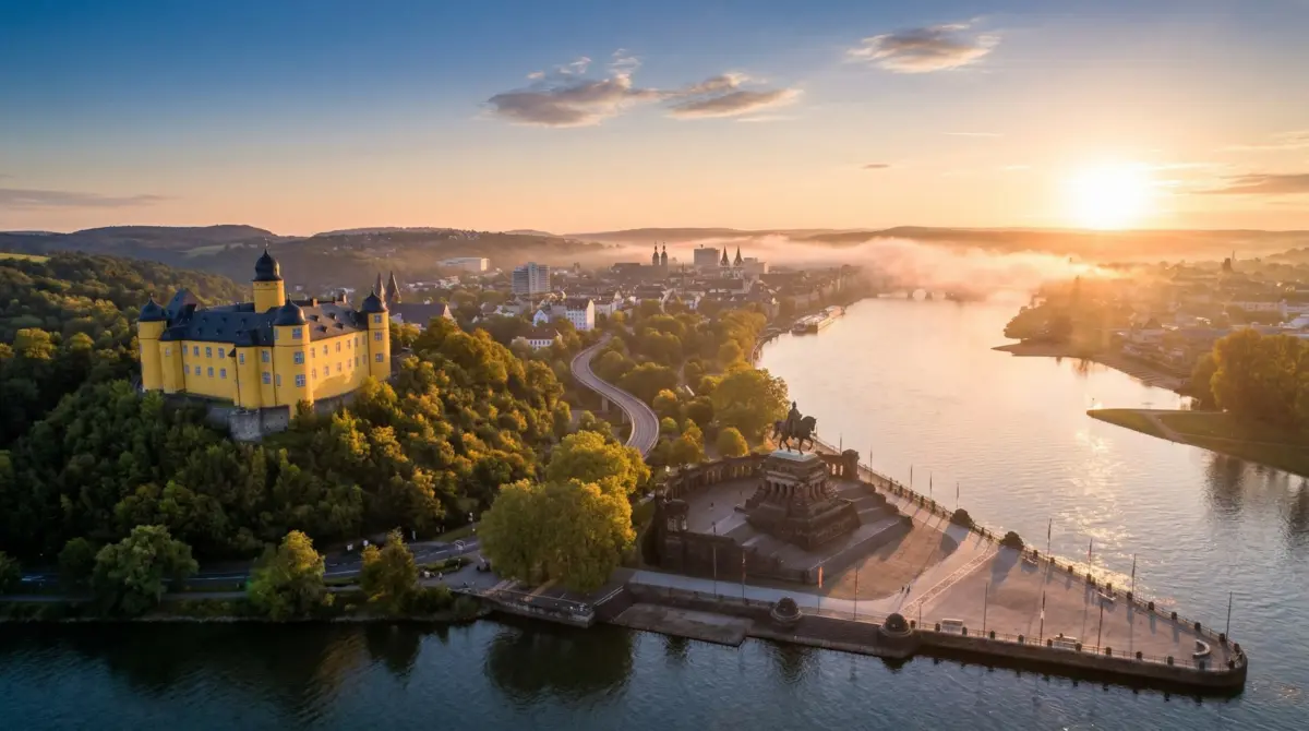 Koblenz mit Deutschem Eck und Schloss Montabaur im Abendlicht