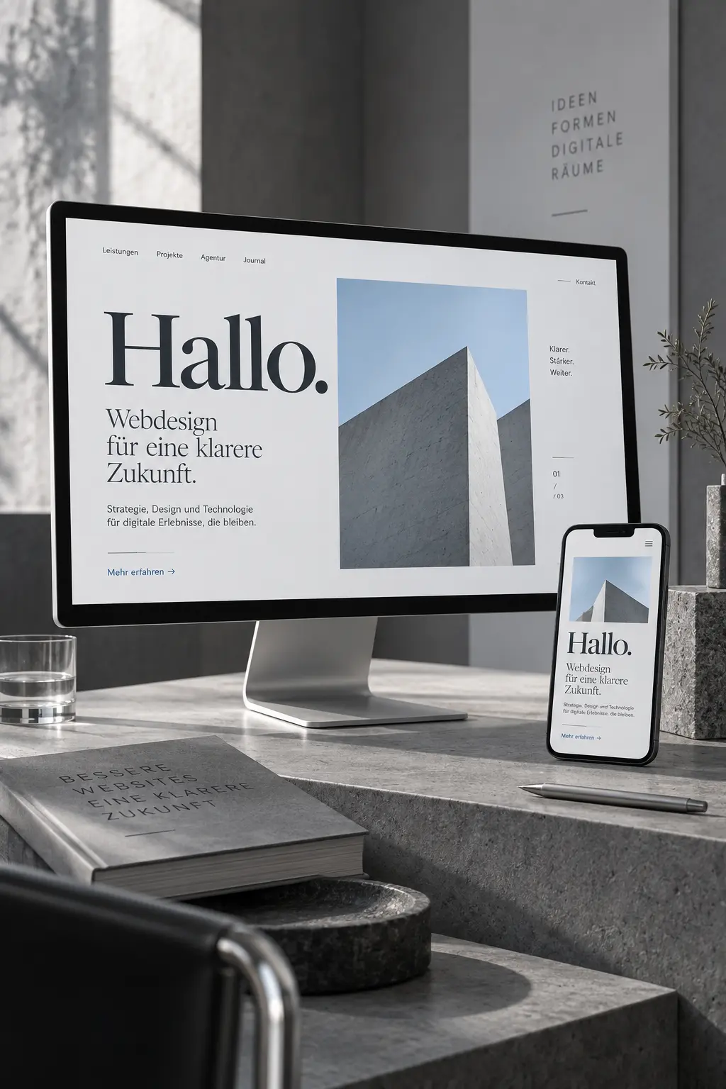 Konzeptvisualisierung: responsive Website auf Monitor und Smartphone in Grau mit hellblauen Akzenten